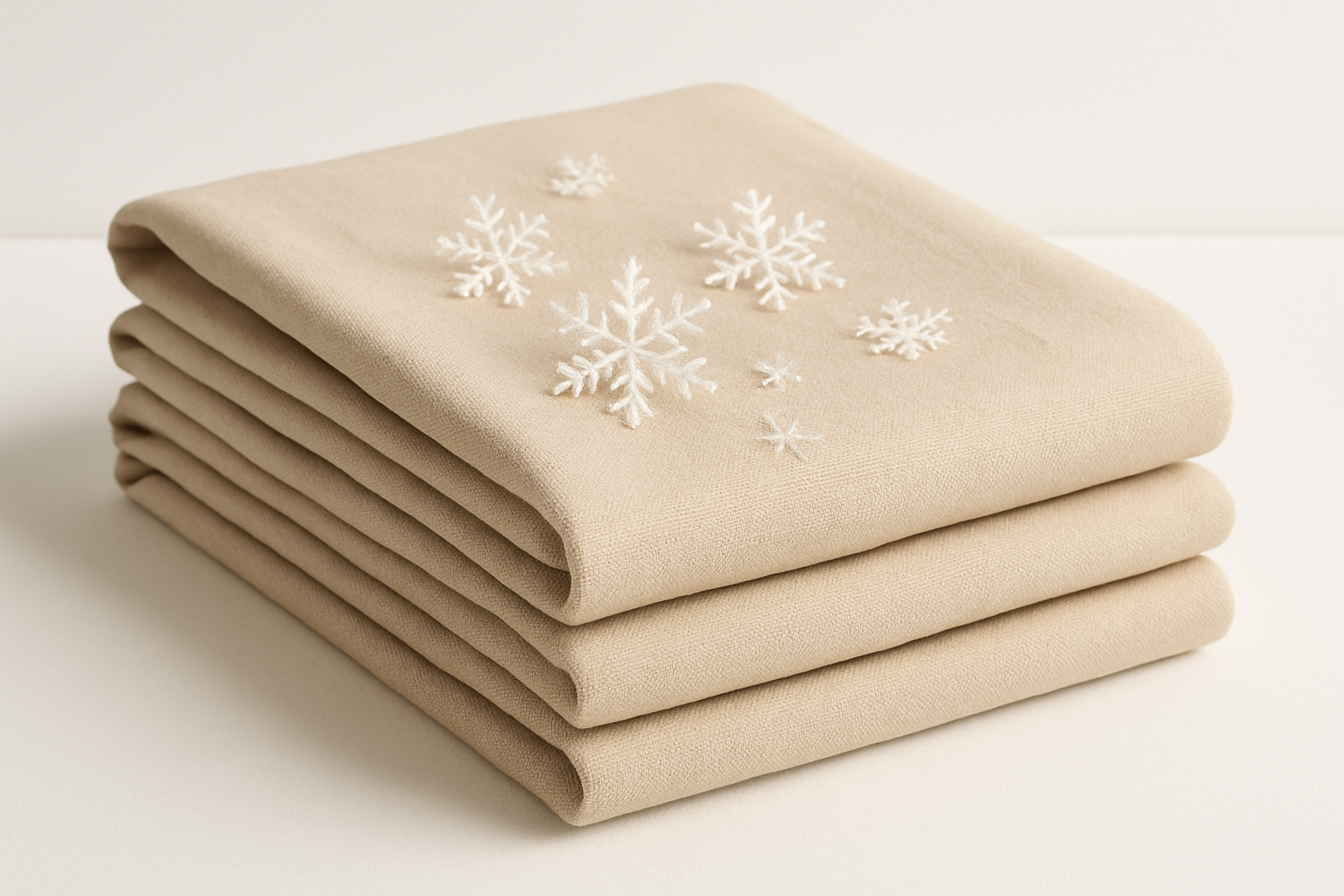A neatly folded stack of beige cooling bed sheets with a small Snowflakes on top. 1:1 Minimalist product photography, clean white background, soft lighting, eco-friendly and natural aesthetic.