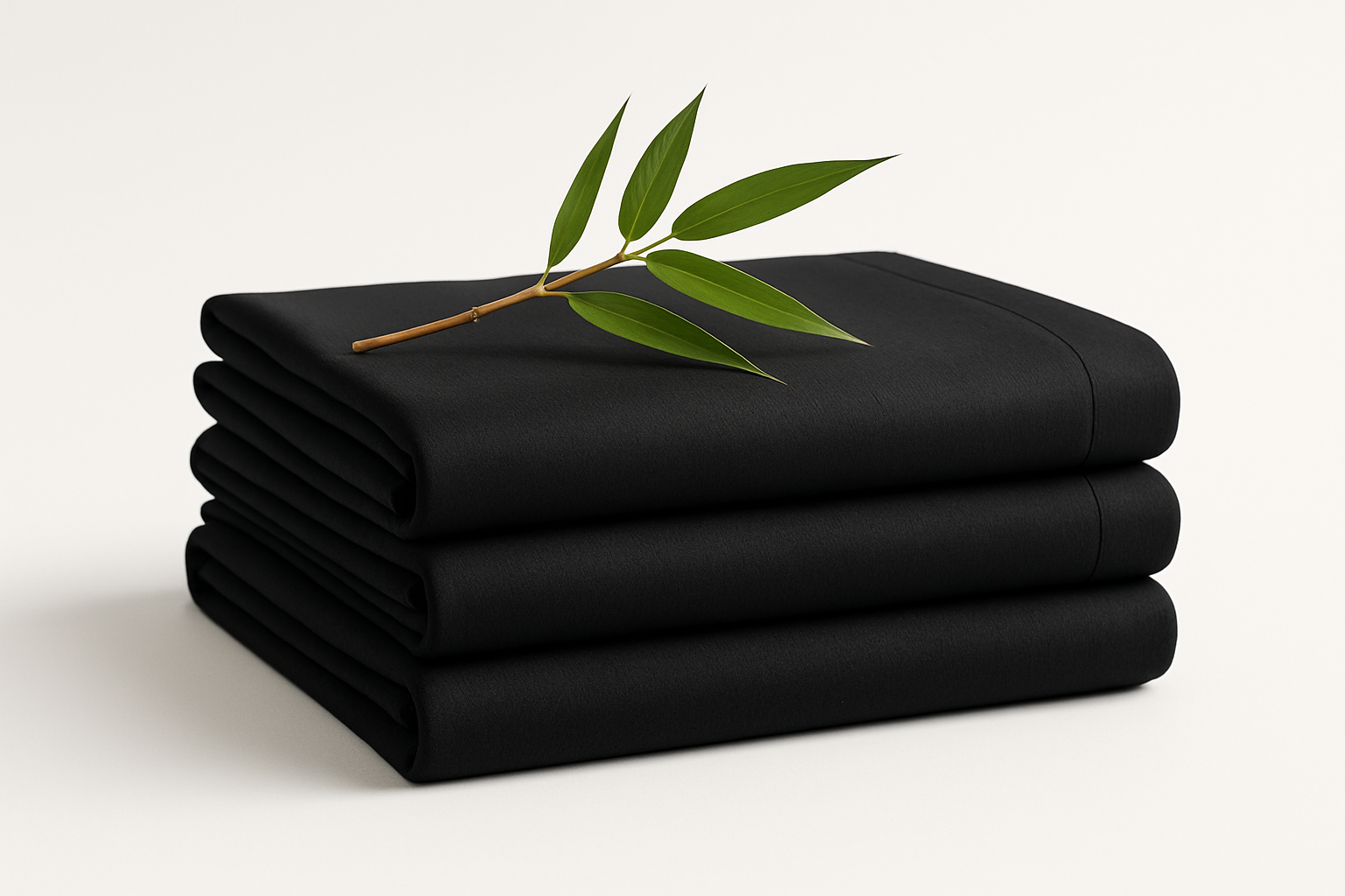 A neatly folded stack of black bamboo bed sheets with a small bamboo stick with leaves on top. 1:1 Minimalist product photography, clean white background, soft lighting, eco-friendly and natural aesthetic.