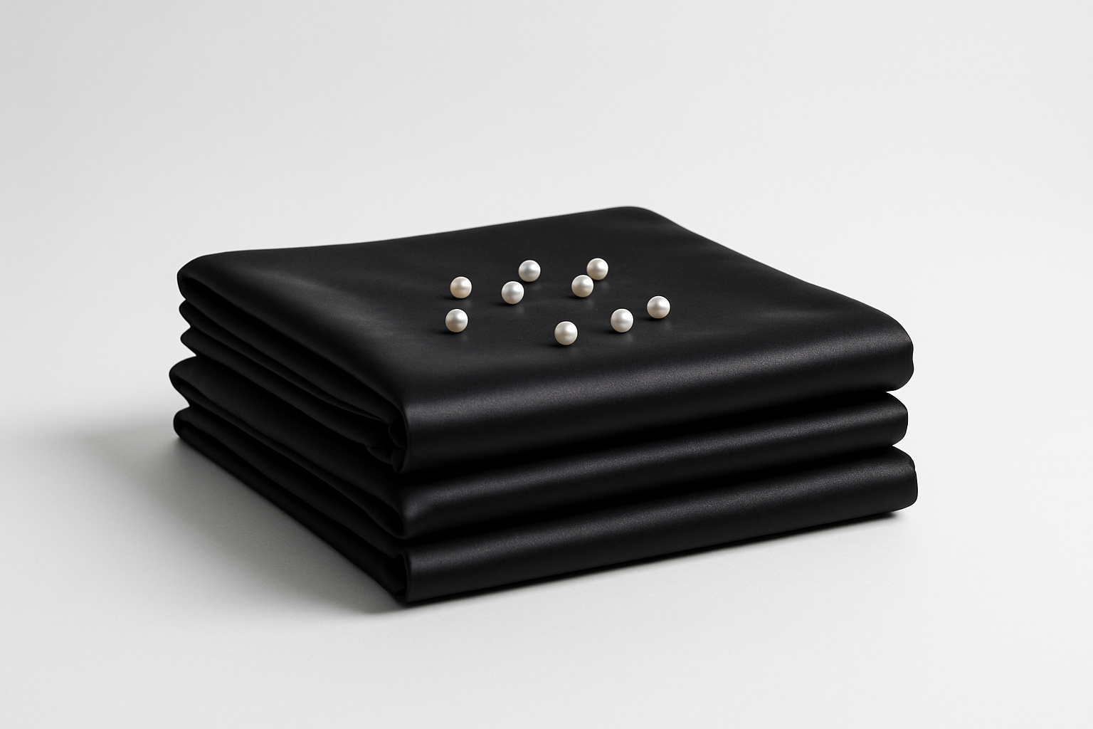 A neatly folded stack of black satin bed sheets with a small pearls on top. 1:1 Minimalist product photography, clean white background, soft lighting, eco-friendly and natural aesthetic.
