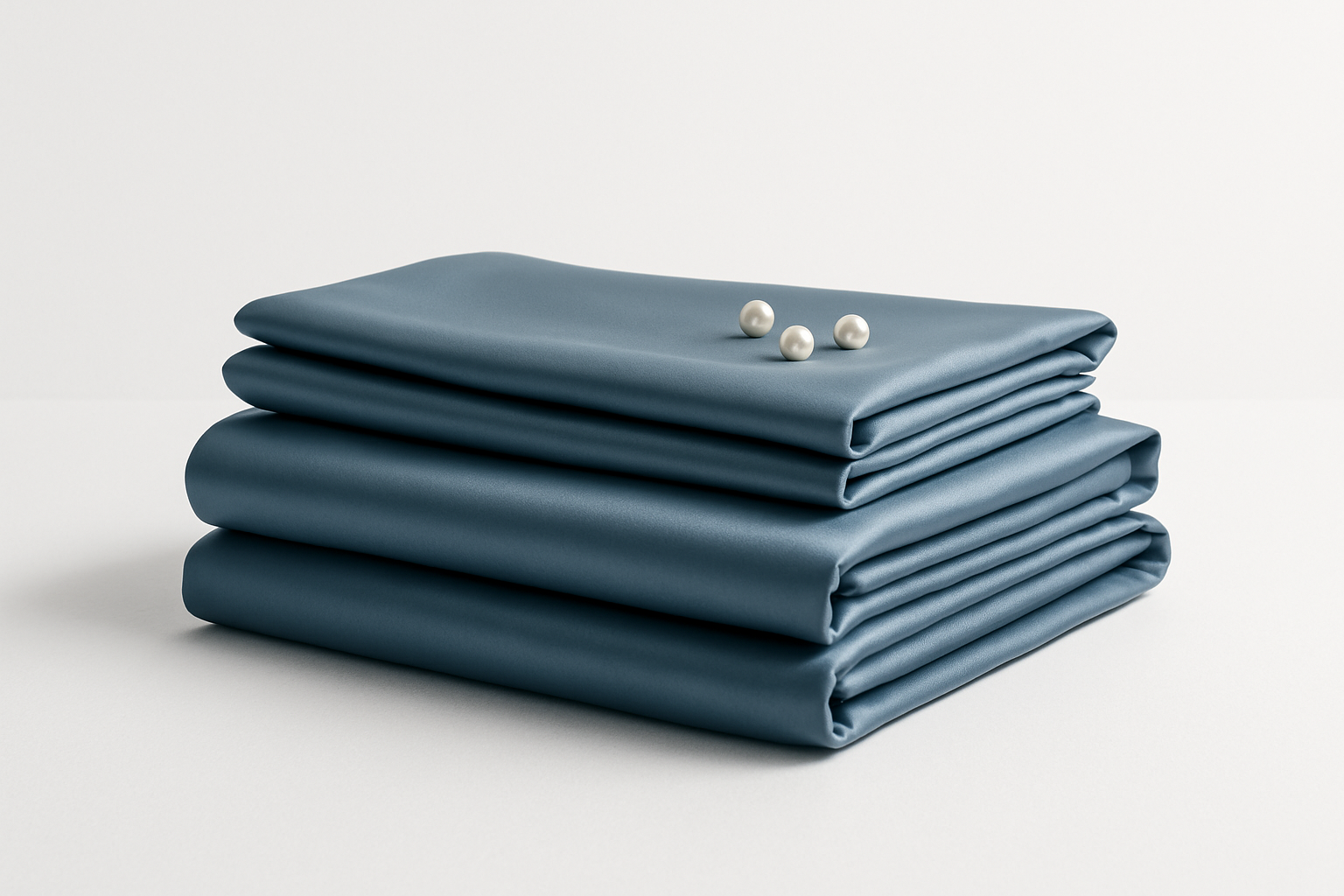 A neatly folded stack of blue satin bed sheets with a small pearls on top. 1:1 Minimalist product photography, clean white background, soft lighting, eco-friendly and natural aesthetic.