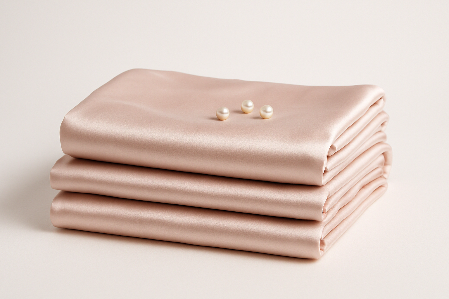 A neatly folded stack of blush pink satin bed sheets with a small pearls on top. 1:1 Minimalist product photography, clean white background, soft lighting, eco-friendly and natural aesthetic.