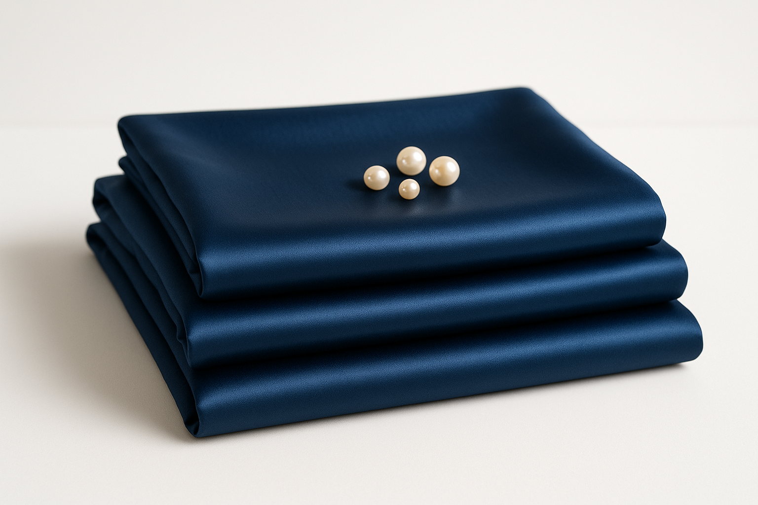 A neatly folded stack of bright dark blue satin bed sheets with a small pearls on top. 1:1 Minimalist product photography, clean white background, soft lighting, eco-friendly and natural aesthetic.