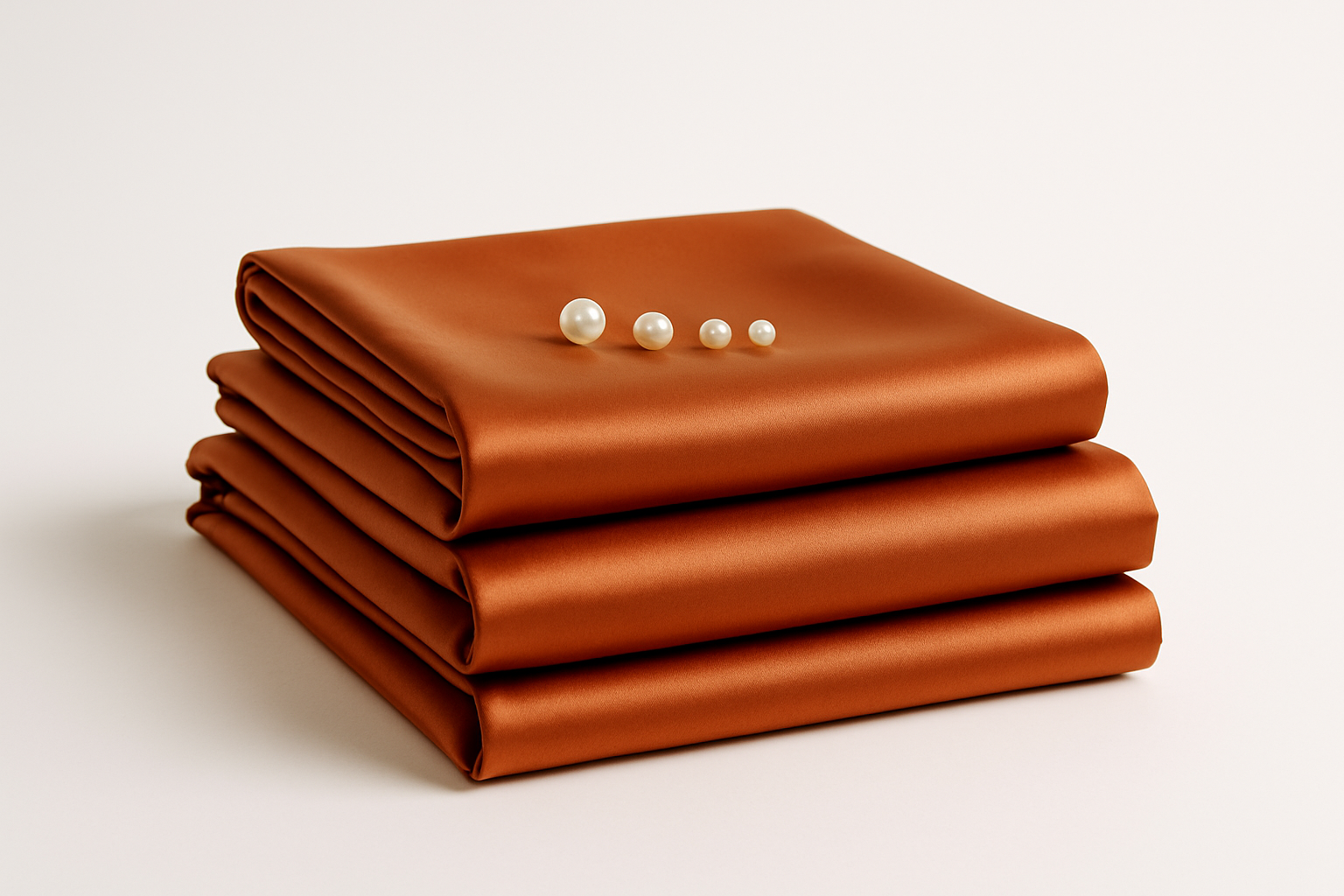 A neatly folded stack of burnt orange satin bed sheets with a small pearls on top. 1:1 Minimalist product photography, clean white background, soft lighting, eco-friendly and natural aesthetic.