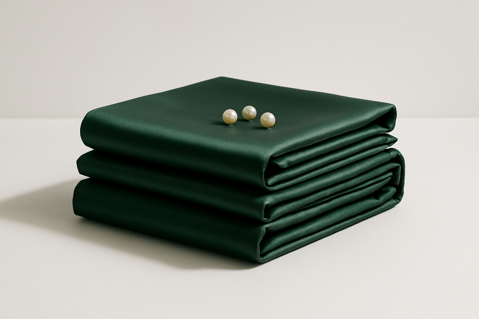 A neatly folded stack of dark green satin bed sheets with a small pearls on top. 1:1 Minimalist product photography, clean white background, soft lighting, eco-friendly and natural aesthetic.