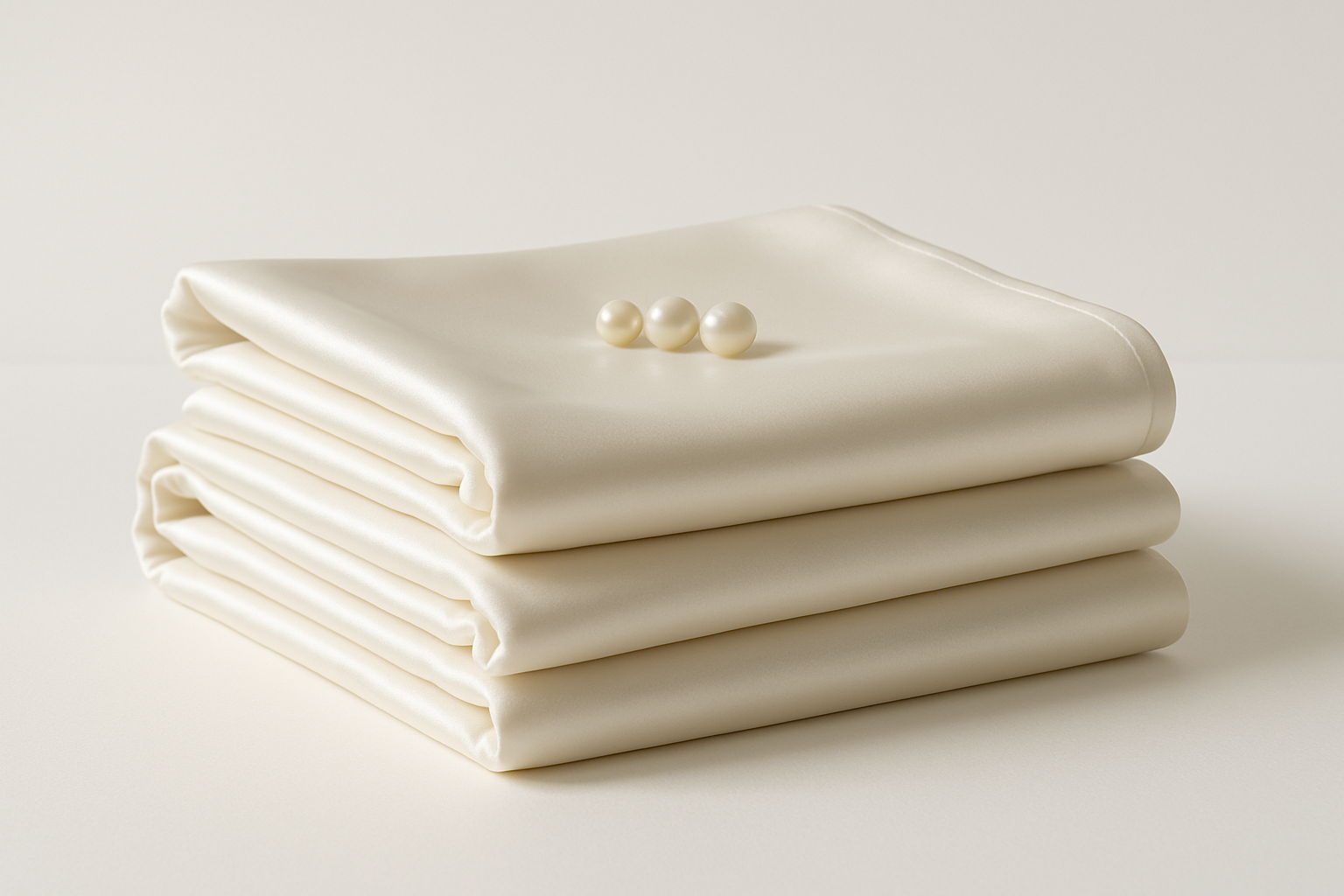 A neatly folded stack of ivory satin bed sheets with a small pearls on top. 1:1 Minimalist product photography, clean white background, soft lighting, eco-friendly and natural aesthetic.