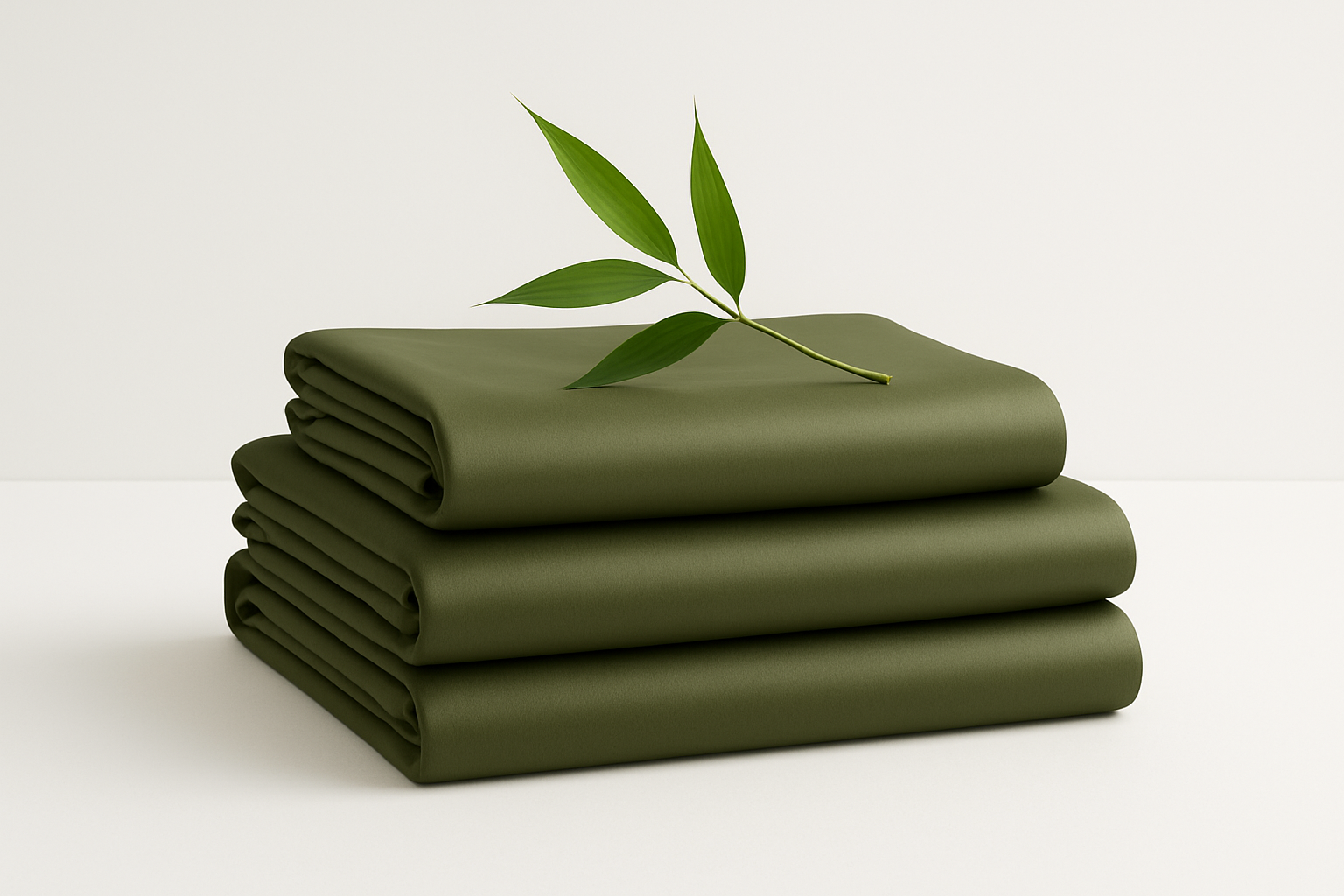 A neatly folded stack of olive green bamboo bed sheets with a small bamboo stick with leaves on top. 1:1 Minimalist product photography, clean white background, soft lighting, eco-friendly and natural aesthetic.