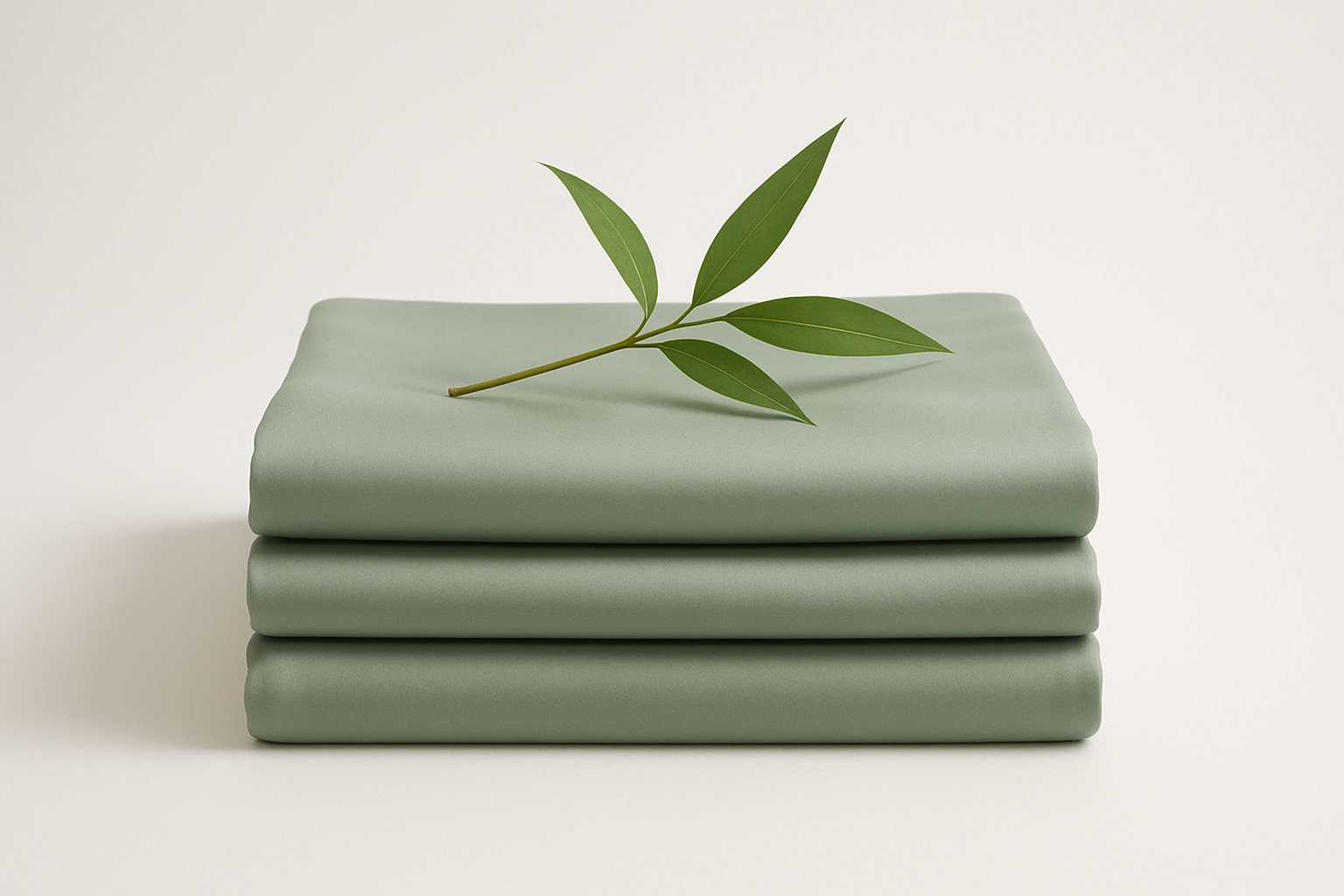A neatly folded stack of sage green bamboo bed sheets with a small bamboo stick with leaves on top. 1:1 Minimalist product photography, clean white background, soft lighting, eco-friendly and natural aesthetic.