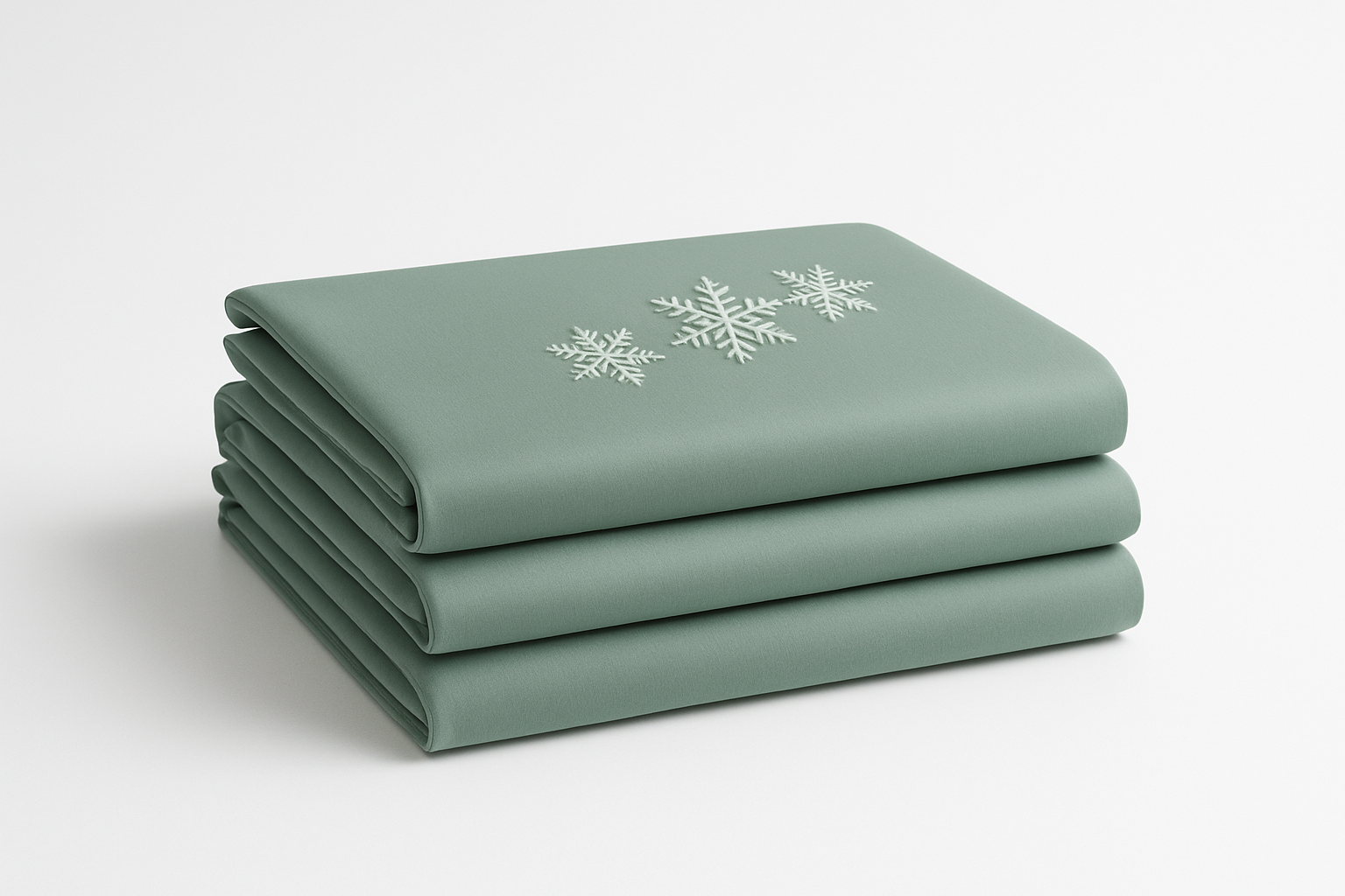 A neatly folded stack of sage green cooling bed sheets with a small Snowflakes on top. 1:1 Minimalist product photography, clean white background, soft lighting, eco-friendly and natural aesthetic.