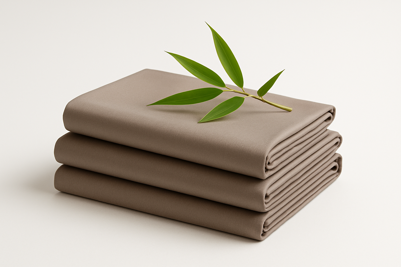 A neatly folded stack of Taupe bamboo bed sheets with a small bamboo stick with leaves on top. 1:1 Minimalist product photography, clean white background, soft lighting, eco-friendly and natural aesthetic.