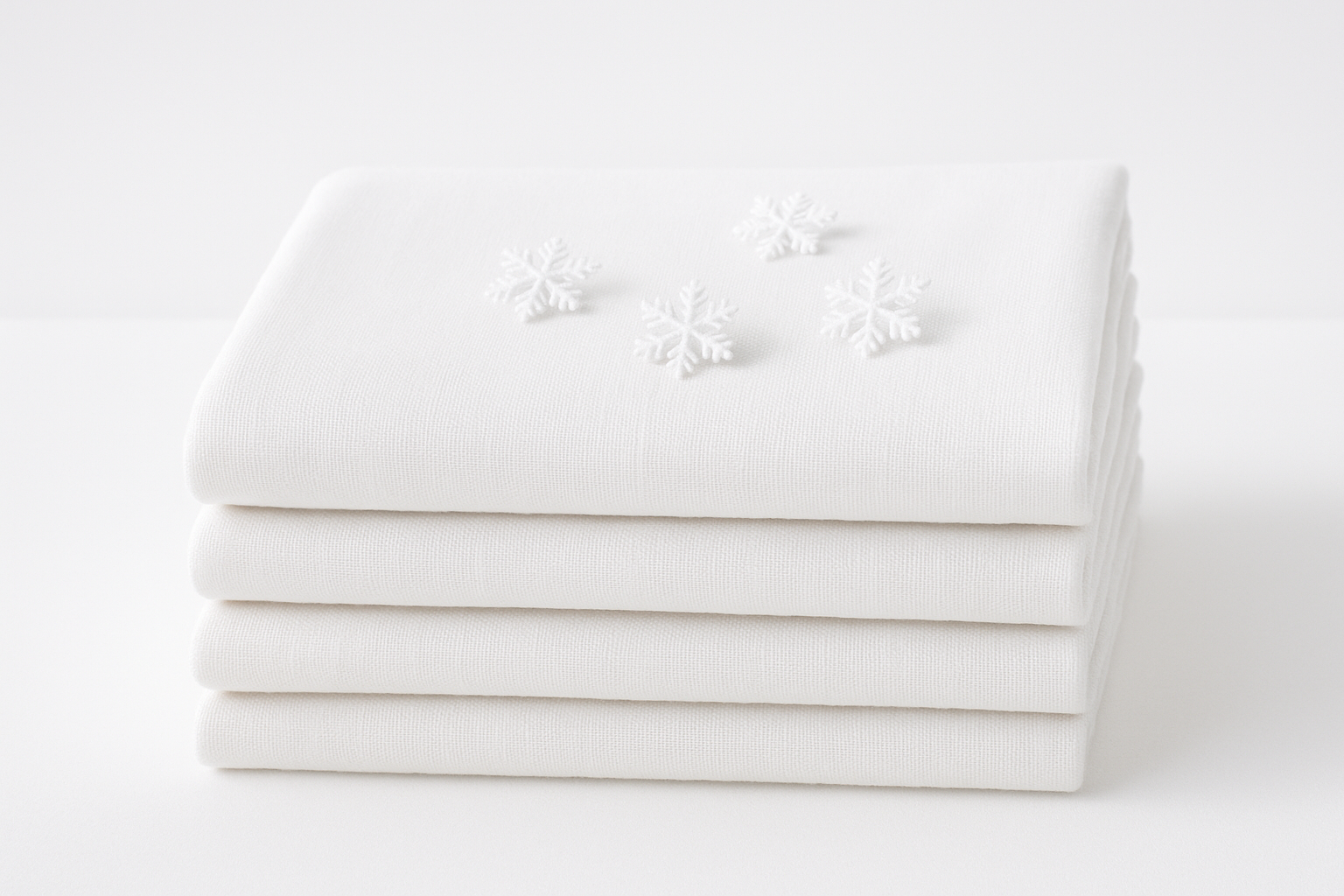 A neatly folded stack of white cooling bed sheets with a small Snowflakes on top. 1:1 Minimalist product photography, clean white background, soft lighting, eco-friendly and natural aesthetic.