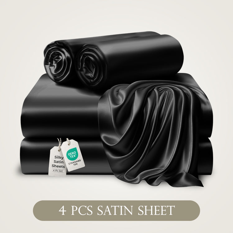 DECOLURE Satin Sheets Queen Size Set 4 Pcs - Silky & Luxuriously Soft Satin Bed Sheets w/ 15 inch Deep Pocket - Similar to Silk Sheets - Double Stitching - Wrinkle Free (Black)