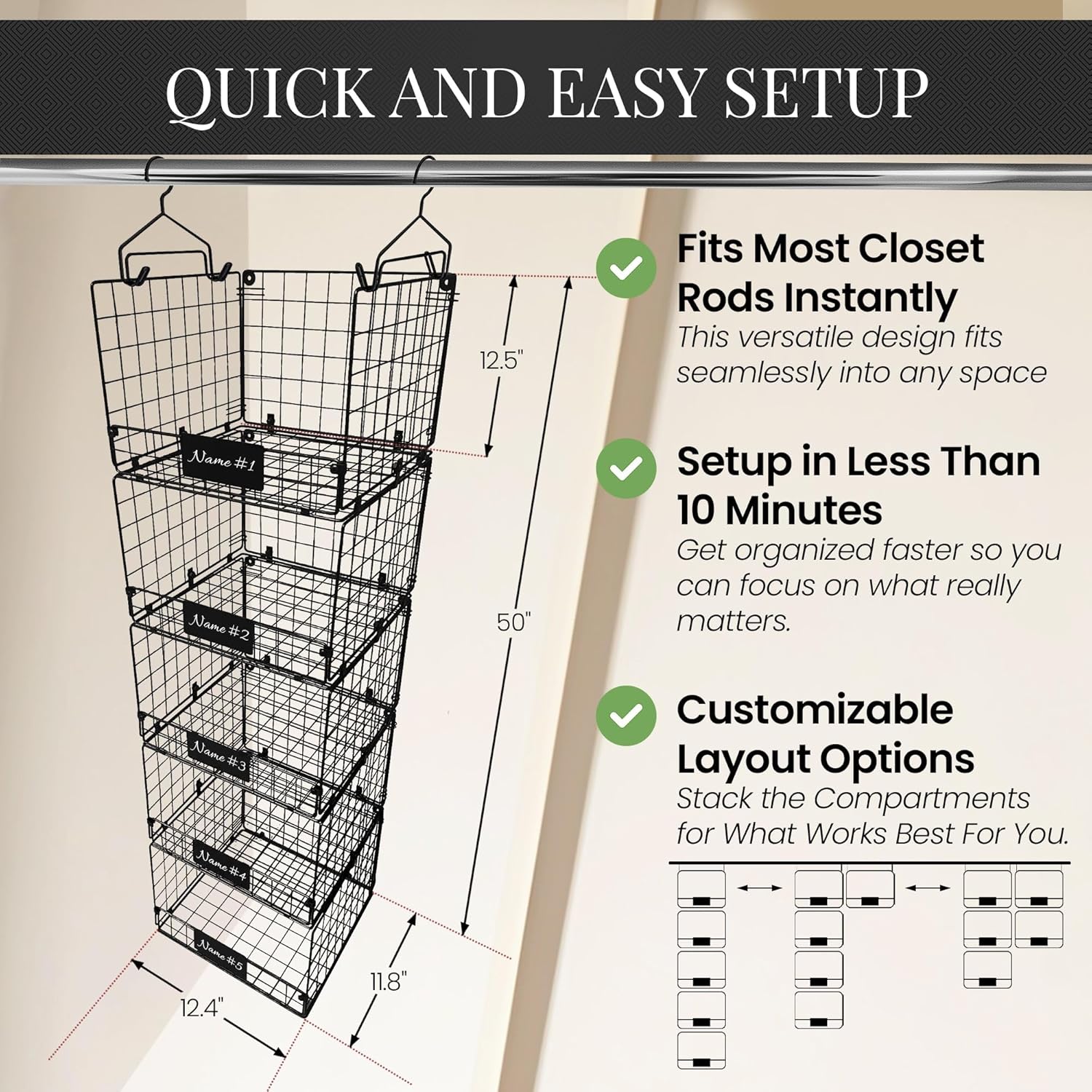 DECOLURE 5-Tier Adjustable Hanging Closet Organizer – Maximize Hanging Storage w/ 4 Hanging Hooks, 8 S Hooks & 5 Name Plates - Sturdy Foldable Wire Storage Hanging Shelves for Clothes, Towel (Matte)